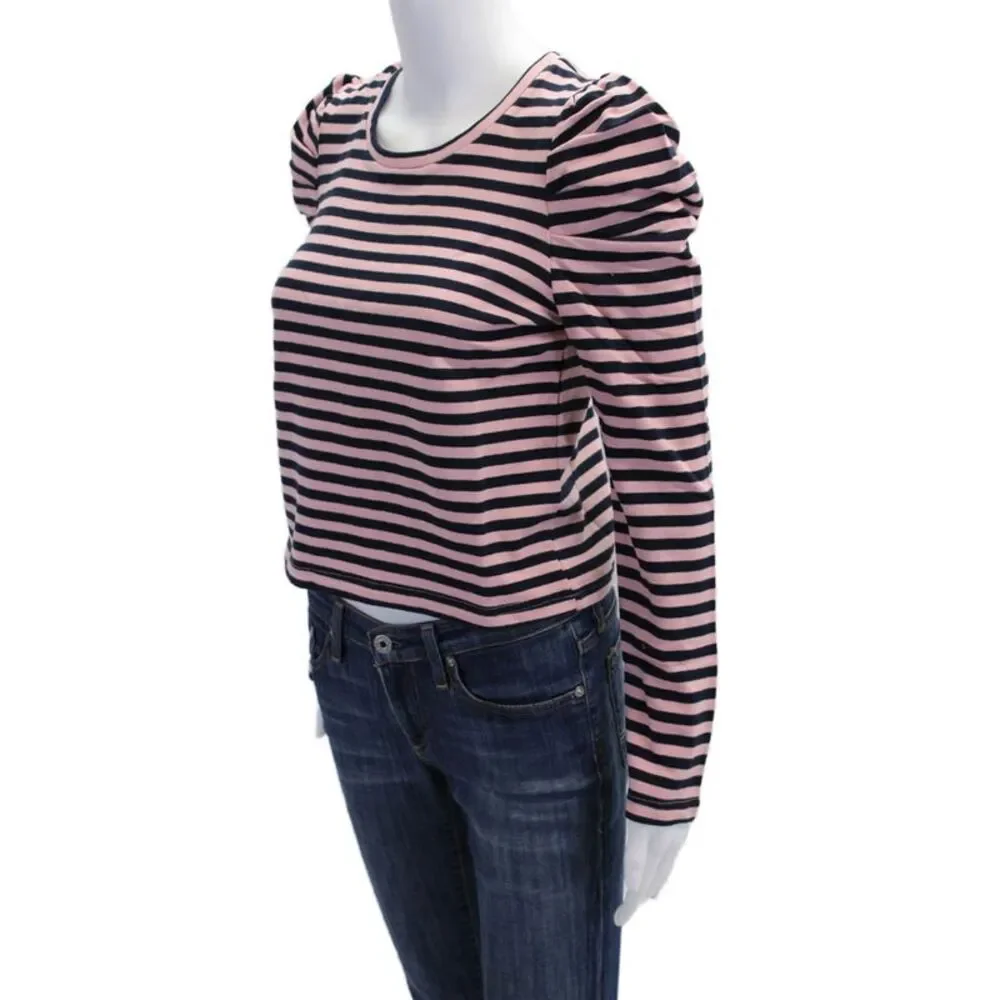 Rebecca Minkoff Womens Cropped Talia Striped Sweatshirt Pink Navy Cotton Size XS